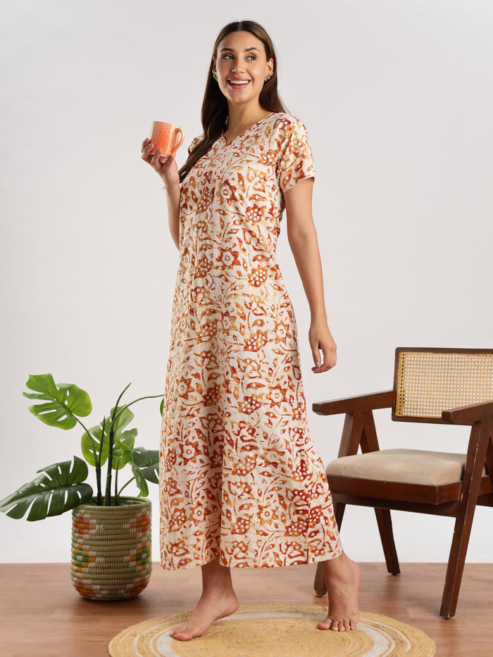 Mustard Yellow Batik Print Cotton Nighty for Women