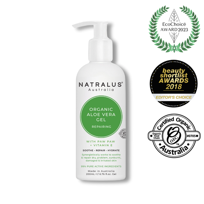 Natralus Organic Aloe Vera Repair Gel – Australian natural skin care with 99% active aloe vera, papaya, and vitamin E to soothe, cool, and hydrate sunburnt, dry, and irritated skin.