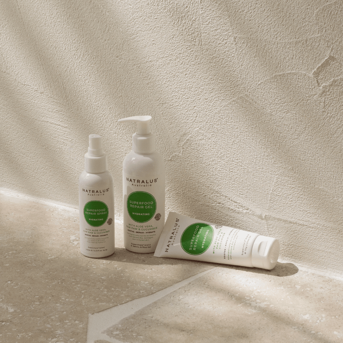 Natralus Organic Aloe Vera Repair Gel – Australian natural skin care with 99% active aloe vera, papaya, and vitamin E to soothe, cool, and hydrate sunburnt, dry, and irritated skin.