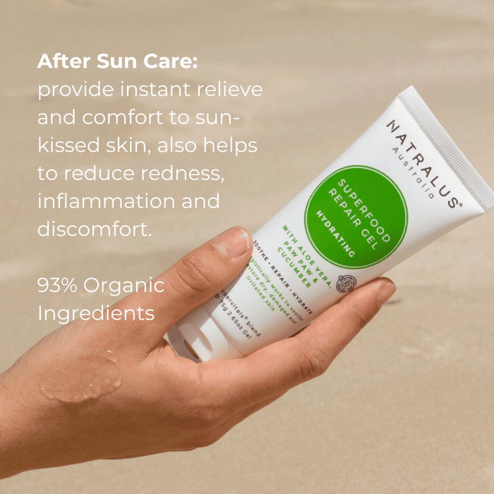Natralus Organic Aloe Vera Repair Gel – Australian natural skin care with 99% active aloe vera, papaya, and vitamin E to soothe, cool, and hydrate sunburnt, dry, and irritated skin.