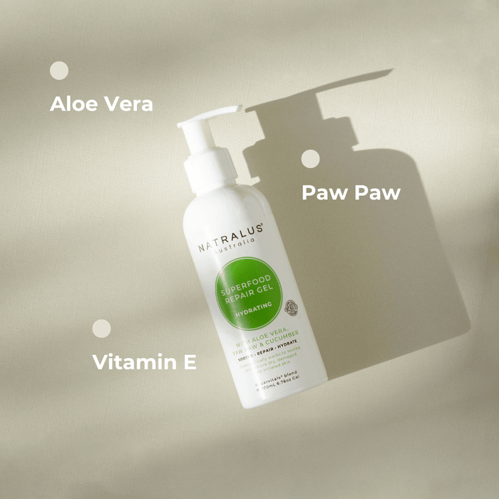 Natralus Organic Aloe Vera Repair Gel – Australian natural skin care with 99% active aloe vera, papaya, and vitamin E to soothe, cool, and hydrate sunburnt, dry, and irritated skin.