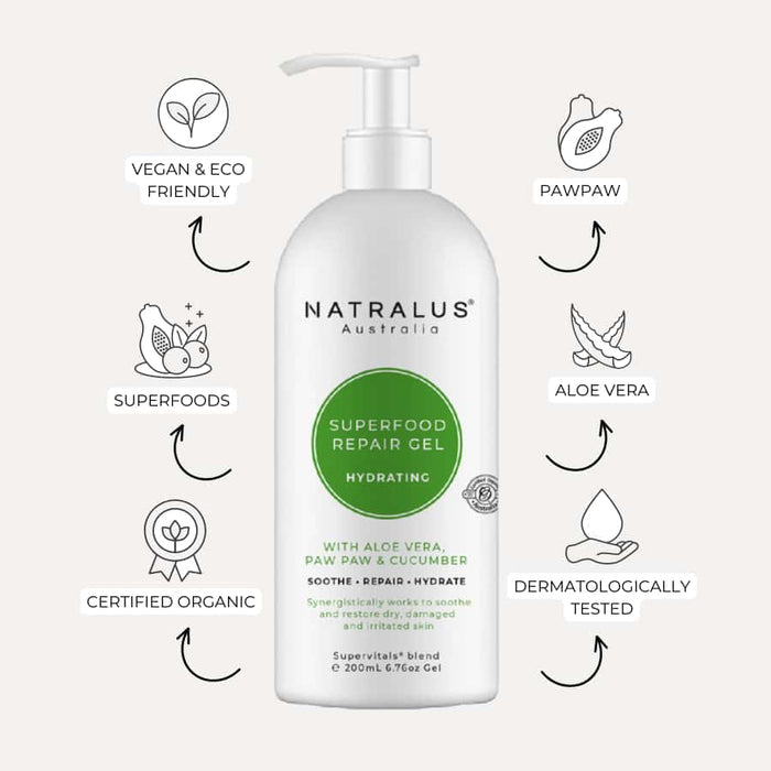 Natralus Organic Aloe Vera Repair Gel – Australian natural skin care with 99% active aloe vera, papaya, and vitamin E to soothe, cool, and hydrate sunburnt, dry, and irritated skin.