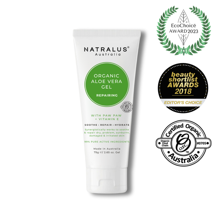 Natralus Organic Aloe Vera Repair Gel – Australian natural skin care with 99% active aloe vera, papaya, and vitamin E to soothe, cool, and hydrate sunburnt, dry, and irritated skin.