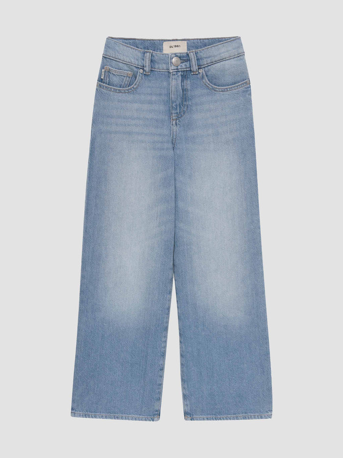 DL1961 girls' Nini Wide Leg jeans in light blue 'Rhone', flat front view