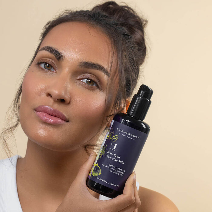 Edible Beauty No. 1 Belle Frais Cleansing Milk and a woman