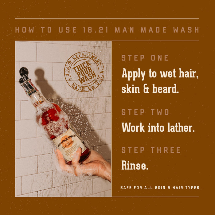 Bottle of '18.21 Man Made Wash' with instructions on a brown background