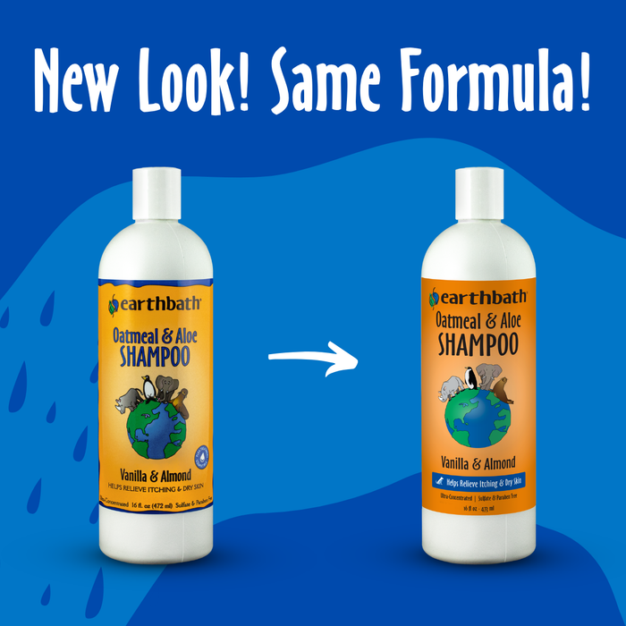 Two bottles of Earthbath Oatmeal & Aloe Shampoo on a blue background with text 'New Look! Same Formula!'.