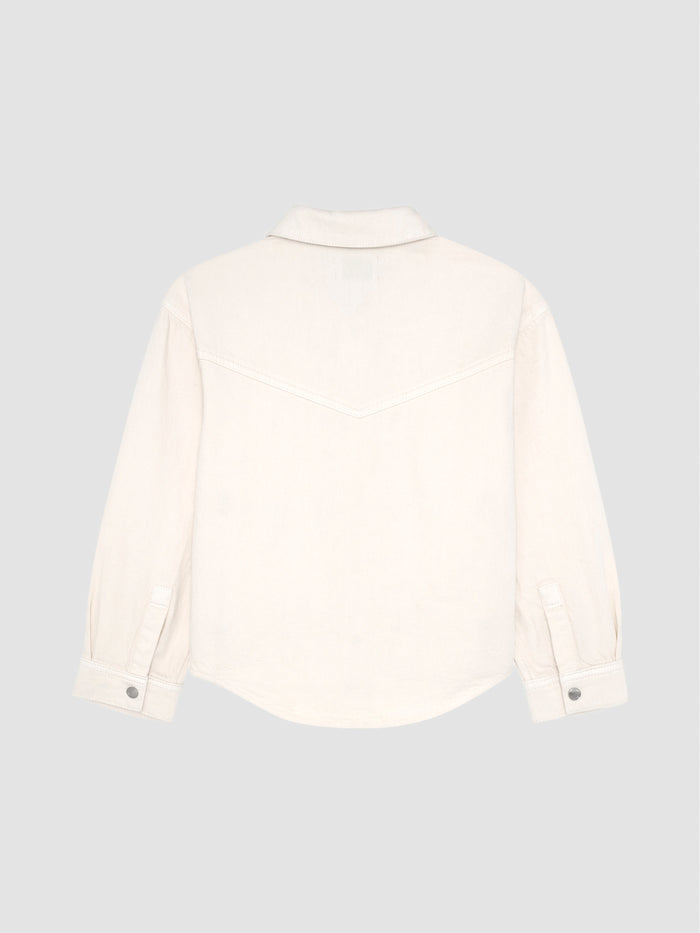 DL1961 girls' Olivia shirt in cream 'Sugar Cookie' with western yoke, flat back view.