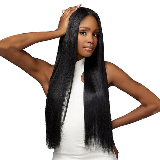 SENSATIONNEL sleek long black straight human hair bundles on model with center part and glossy finish