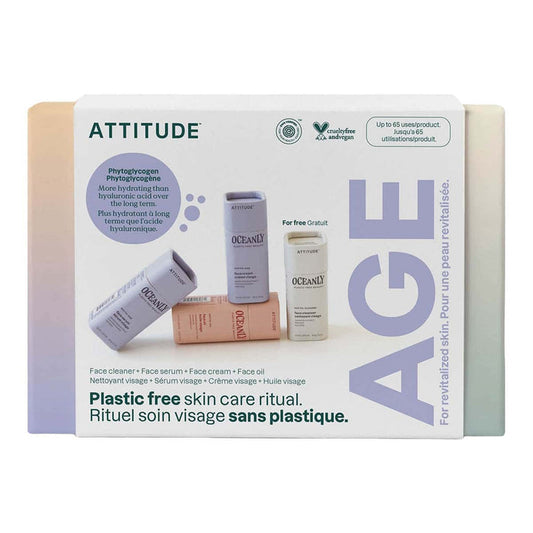 Attitude skincare product packaging with 'Plastic free skin care ritual' text on a white background.