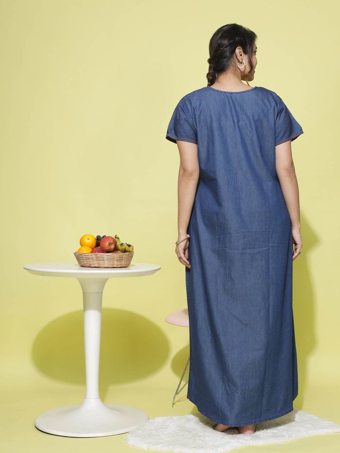 Dark Blue Neck Denim Designer Nighty for Women