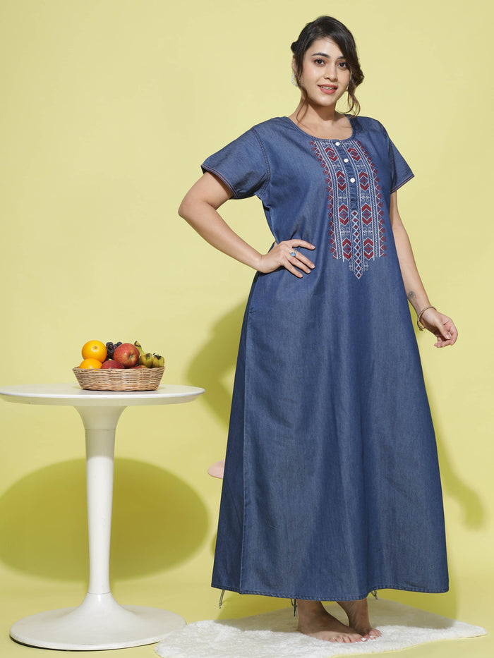 Dark Blue Neck Denim Designer Nighty for Women