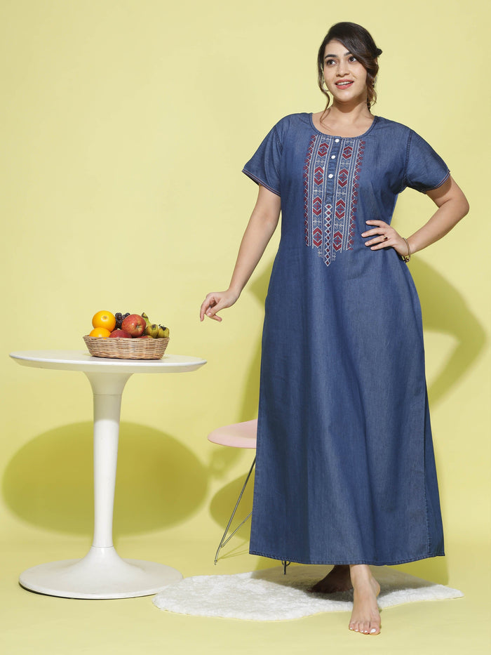 Dark Blue Neck Denim Designer Nighty for Women