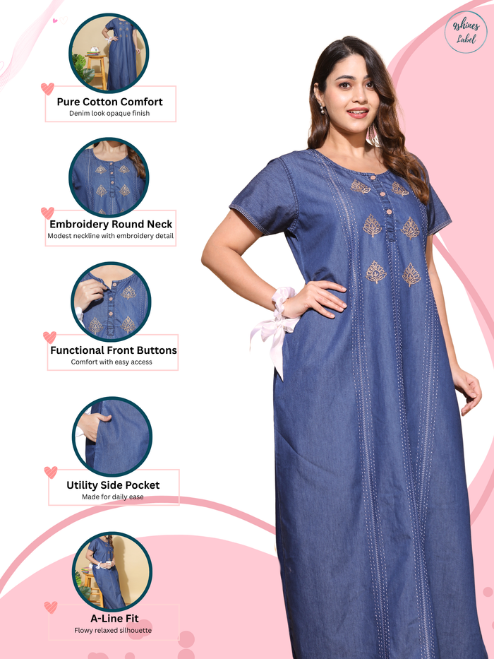 Premium Denim Designer Nighty Leaf Embroidery Dark Blue