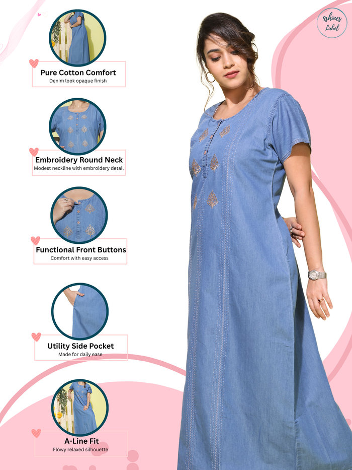 Premium Denim Designer Nighty Leaf Embroidery Sky Blue