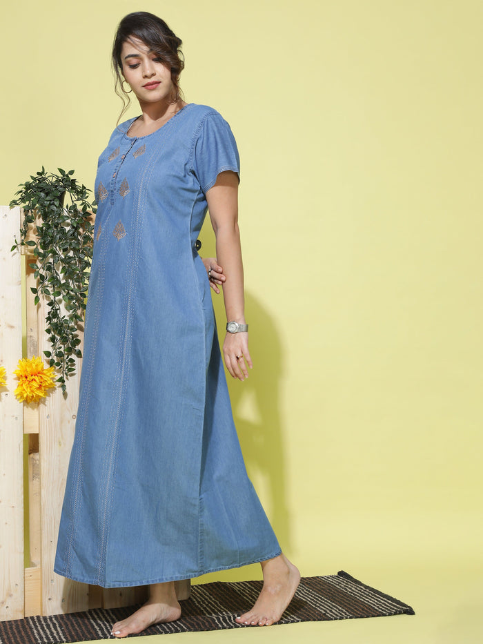 Sky Blue Denim Nighty For Women With Embroidery