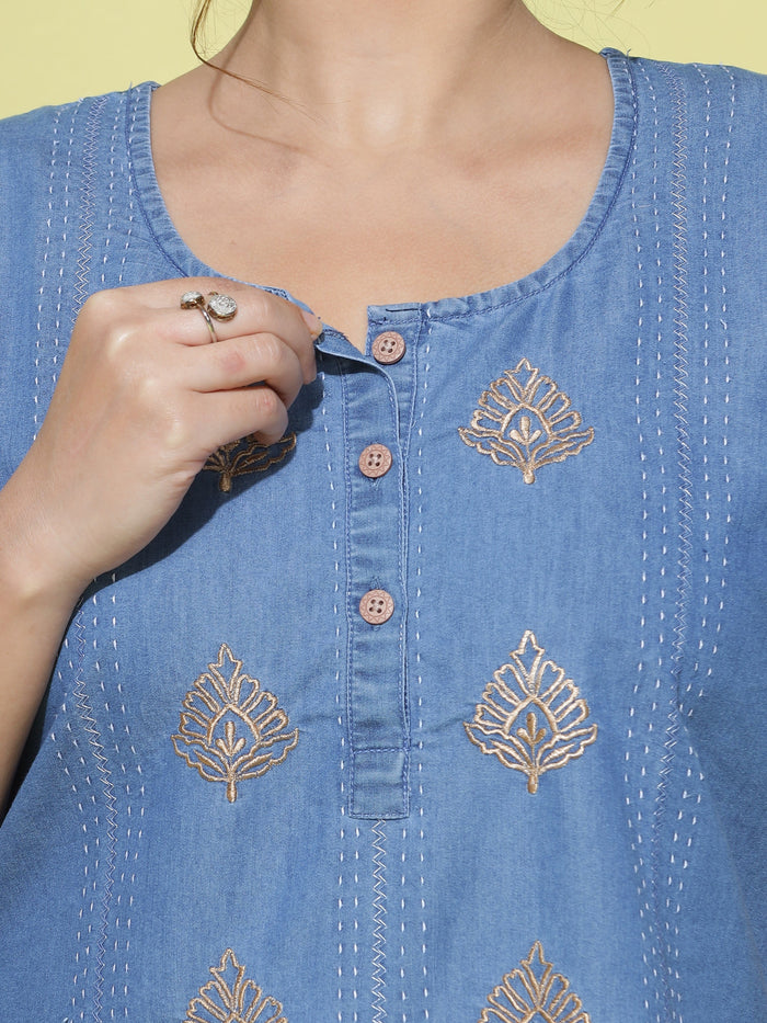 Sky Blue Denim Nighty For Women With Embroidery