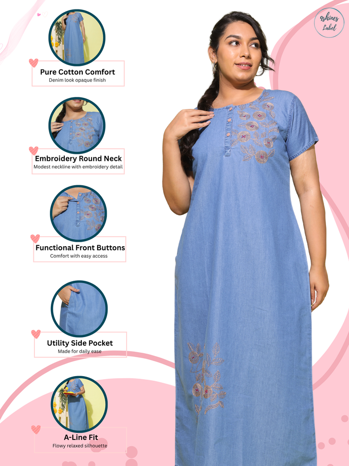 Premium Pty Leaf & Coin Embroidery Sky Blue