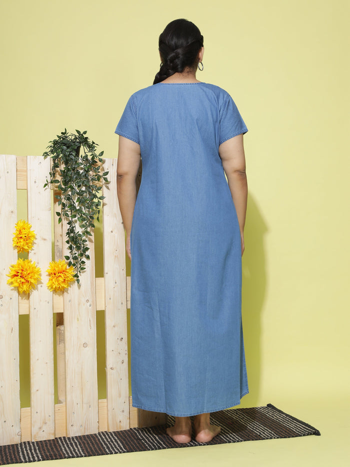 Trendy Sky Blue Denim Nighty with Embroidery Online