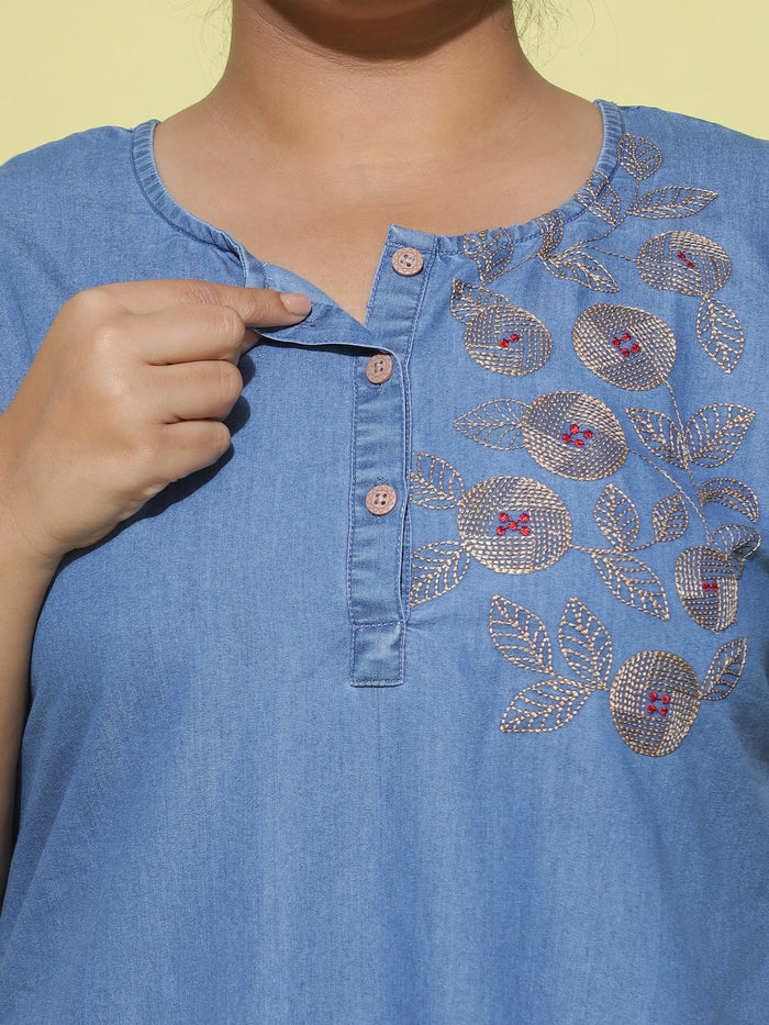 Trendy Sky Blue Denim Nighty with Embroidery Online