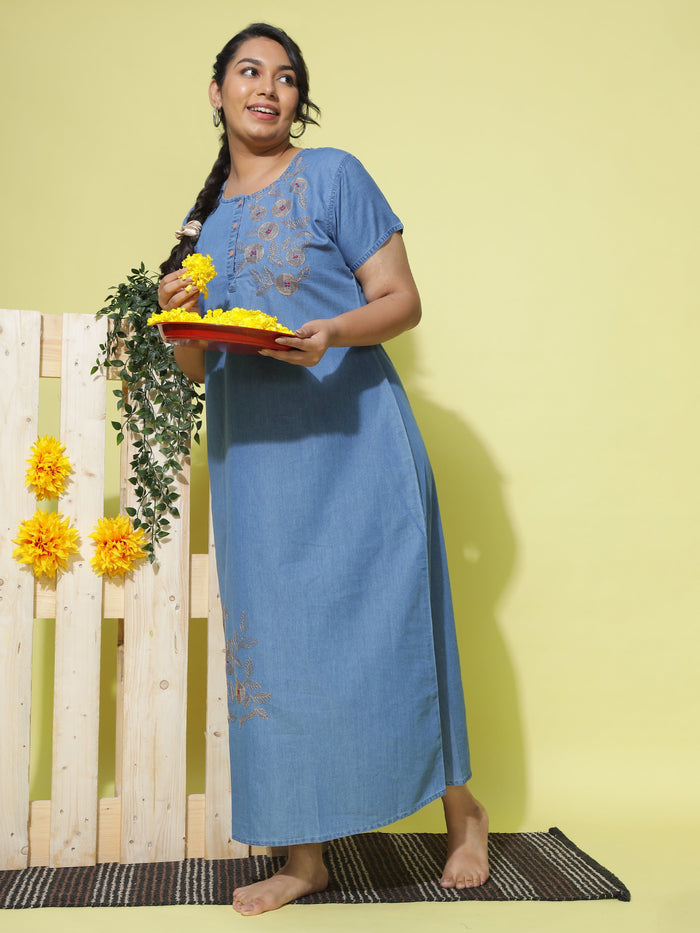 Trendy Sky Blue Denim Nighty with Embroidery Online