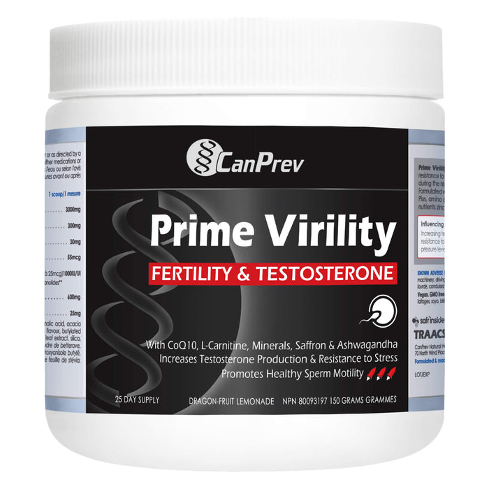 Bottle of CanPrev Prime Virility Fertility & Testosterone Dragon-Fruit Lemonade 25 Day Supply 150 Grams