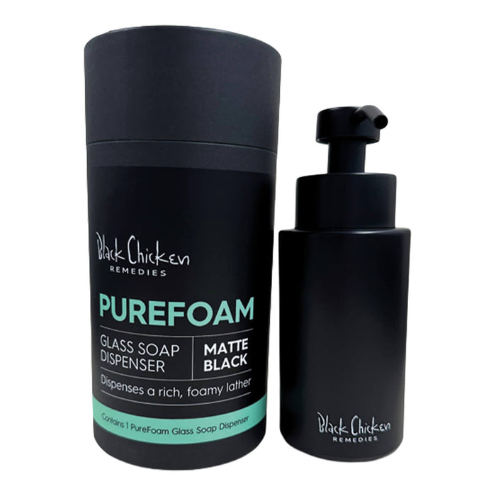 Black Chicken Remedies PureFoam Glass Soap Dispenser in matte black colour.
