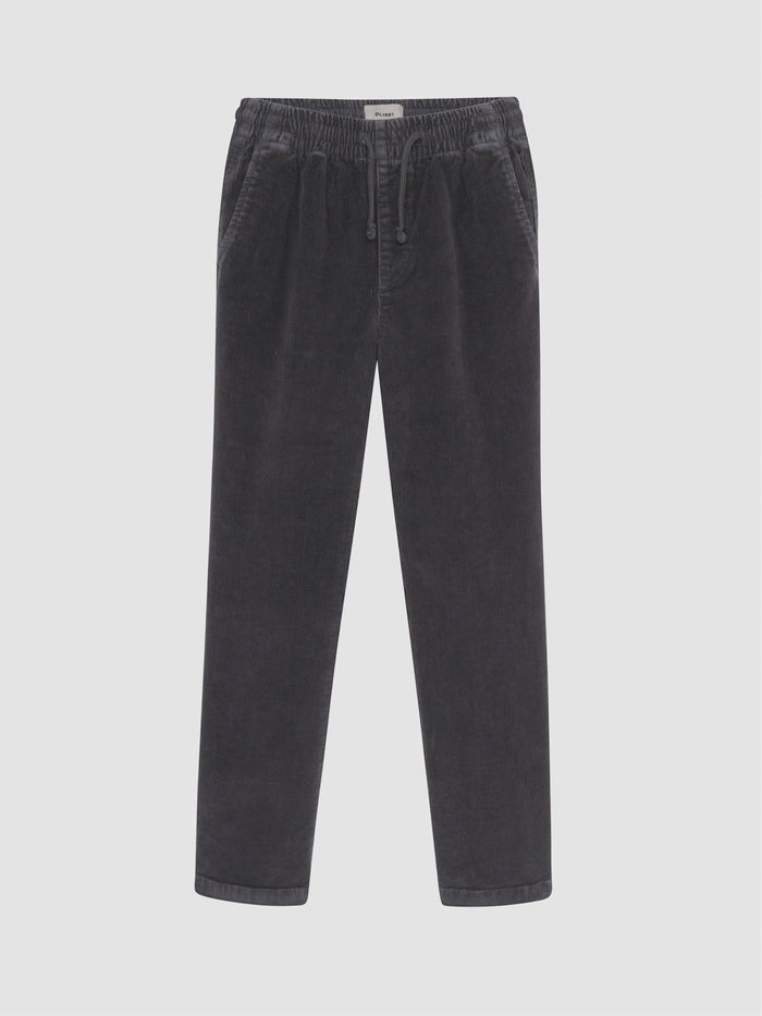 DL1961 boys' Quentin corduroy jogger in dark charcoal grey 'Graphite', flat front view