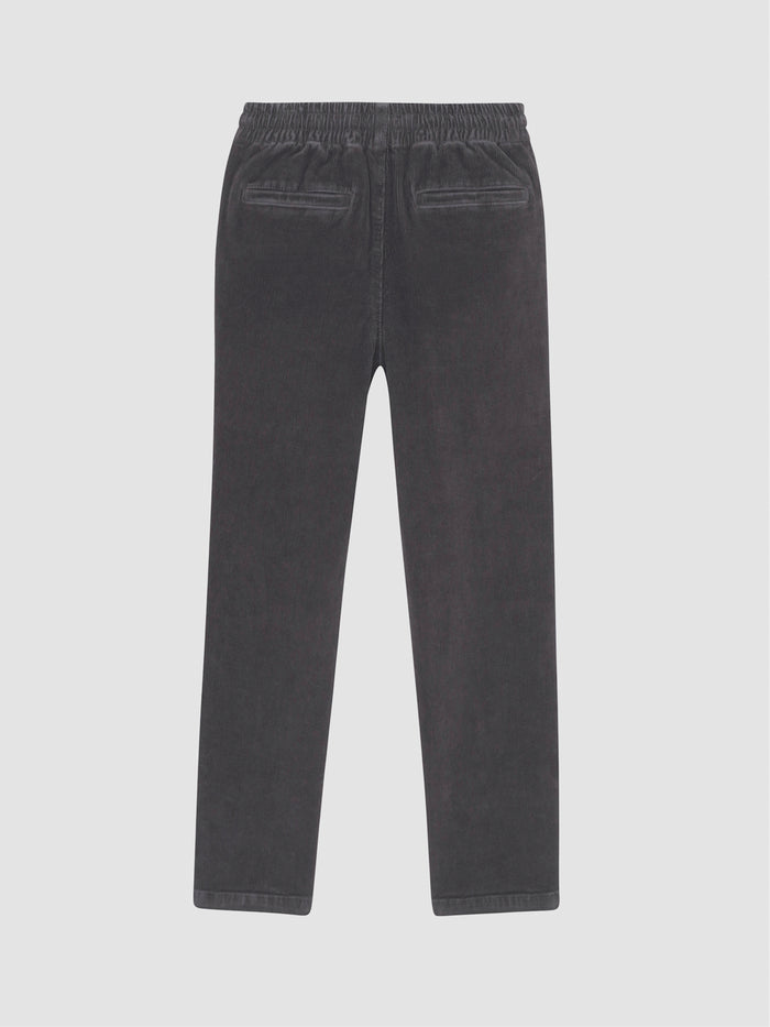 DL1961 boys' Quentin corduroy jogger in dark charcoal grey 'Graphite', flat back view