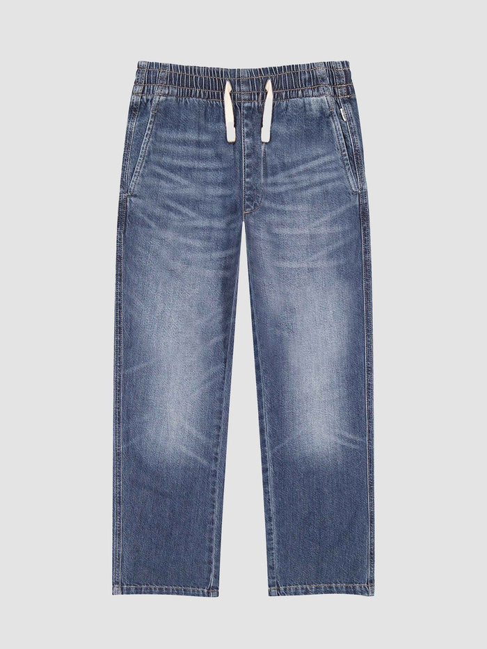 DL1961 boys' Quentin Jogger in faded medium blue denim 'Montmartre', flat front view.