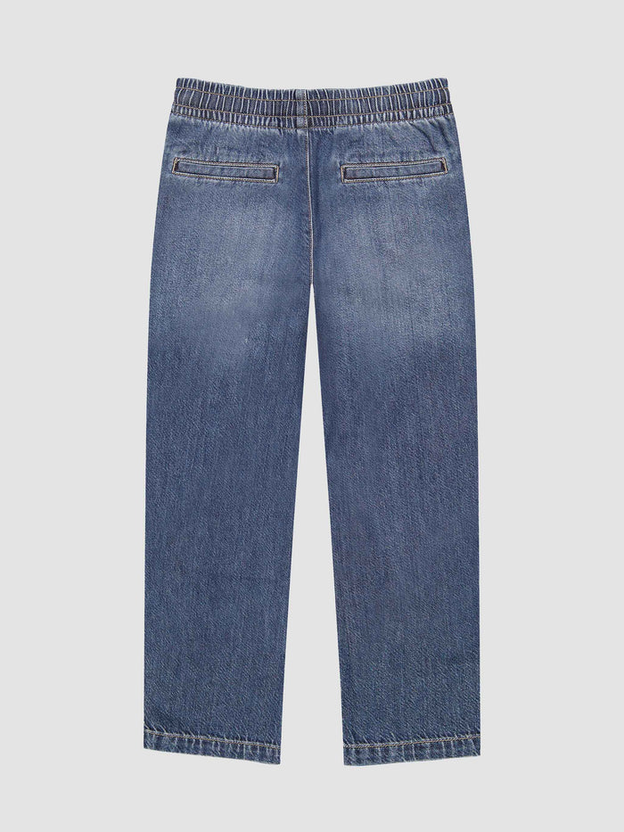 DL1961 boys' Quentin Jogger in faded medium blue denim 'Montmartre', flat back view.