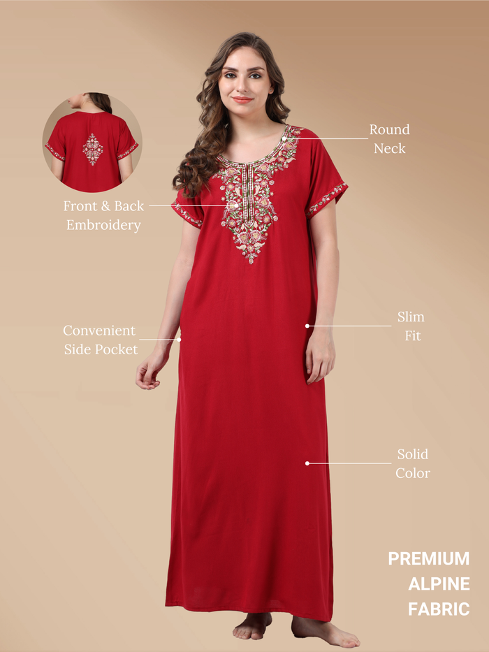 Raatrani Maroon Alpine Nighty - A-Line Maxi with Exquisite Embroidery Details