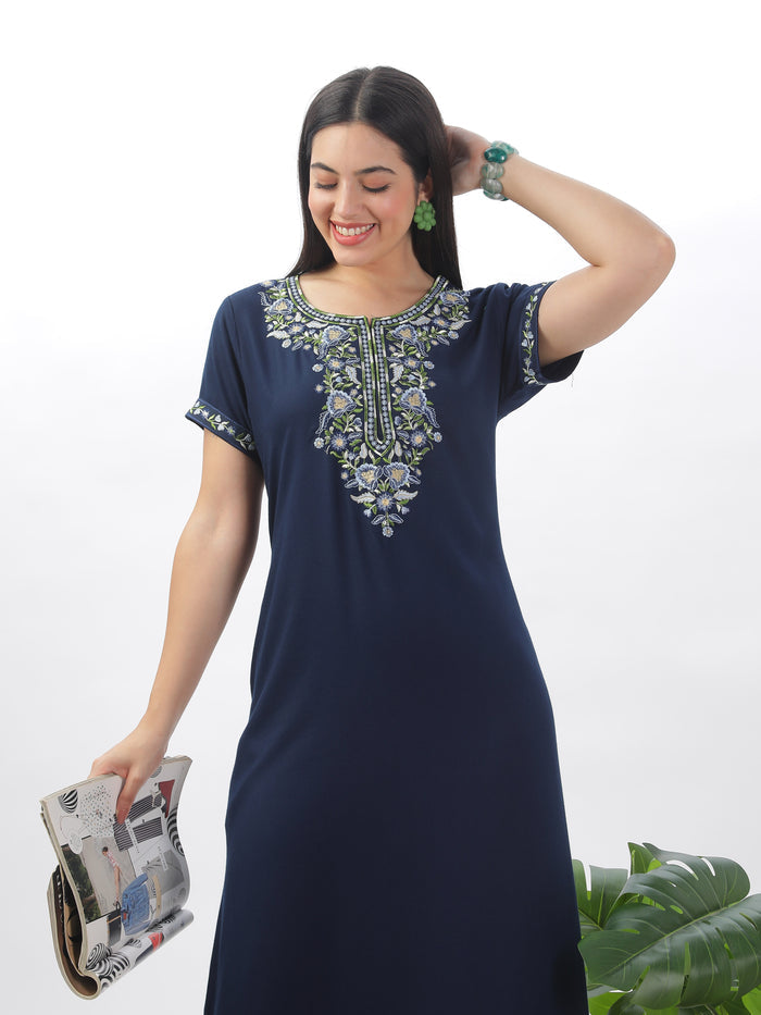 Navy Blue Embroidered  Alpine Nighty for Women