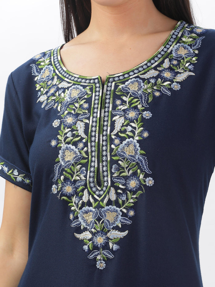 Navy Blue Embroidered  Alpine Nighty for Women