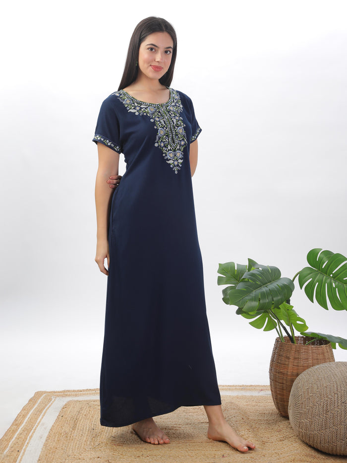 Navy Blue Embroidered  Alpine Nighty for Women