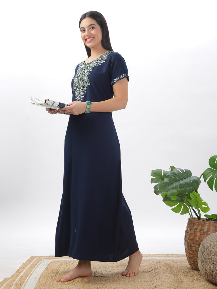 Navy Blue Embroidered  Alpine Nighty for Women