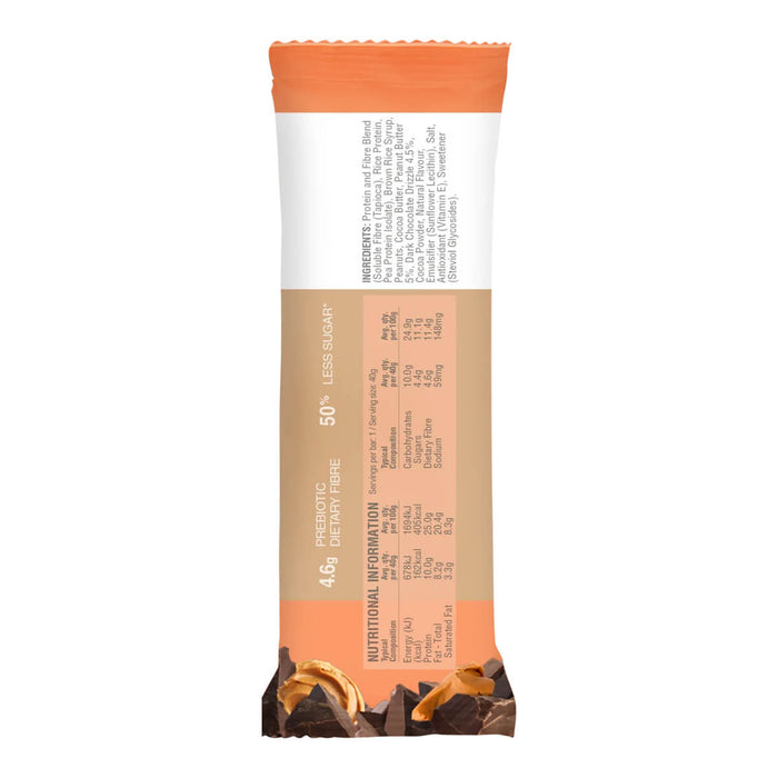 Back packaging of peanut butter choc melt flavoured vegan protein bar.