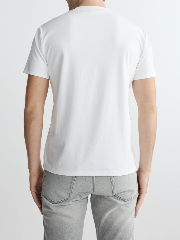 DL1961 men's ribbed crewneck tee in white 'White', back close-up on-model with grey jeans.