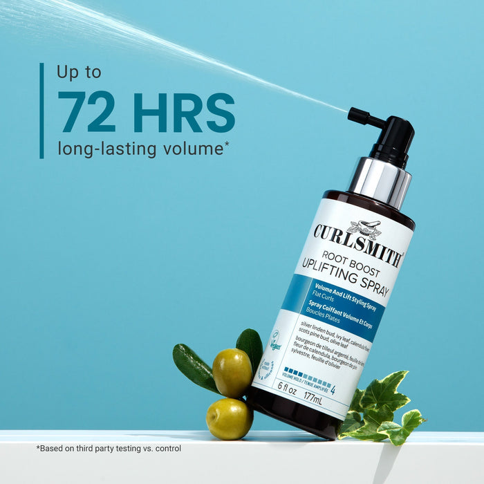 Curlsmith Root Boost Uplifting Spray bottle with olives and leaves on a blue background