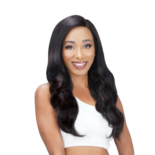 Woman with long, shiny black hair wearing Brazilian human hair bundles from ROYAL IMEX