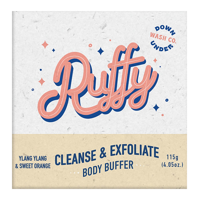 Front of box of ylang ylang and sweet orange scented body buffer bar, designed to cleanse, exfoliate and moisturise skin.