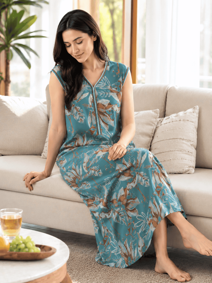 Saheli  Alpine Blush Green Sleeveless A Line Nighty with Pocket