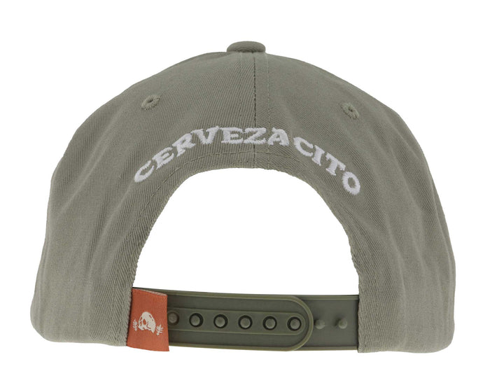 Salud Patch Hat. Gray cap with 'Cerveza Cito' text on the back against a white background