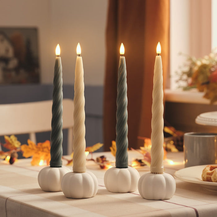 Set of 4 TruGlow® Cream and Dark Green Twisted LED Taper Candles and White Ceramic Pumpkin Taper Candle Holders
