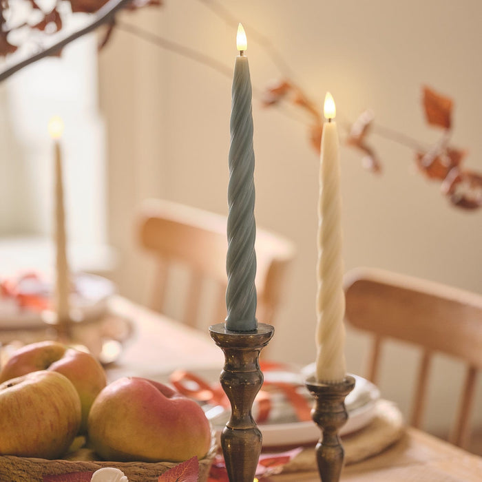 Set of 4 TruGlow® Cream and Dark Green Twisted LED Taper Candles and White Ceramic Pumpkin Taper Candle Holders
