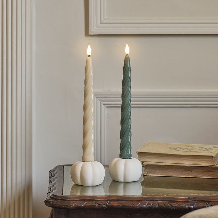 Set of 4 TruGlow® Cream and Dark Green Twisted LED Taper Candles and White Ceramic Pumpkin Taper Candle Holders