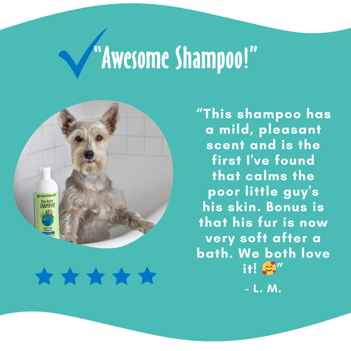 Shea Butter Shampoo along with a dog and an awesome testimonial description