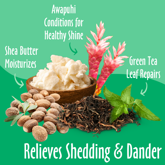 Relieves Shedding & Dander elements like Green Tree, Shea Butter, and Awapuhi, and their benefits.