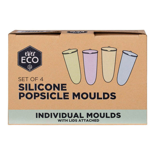 Ever Eco box packaging of a 4-set of individual silicone popsicle moulds with lids.