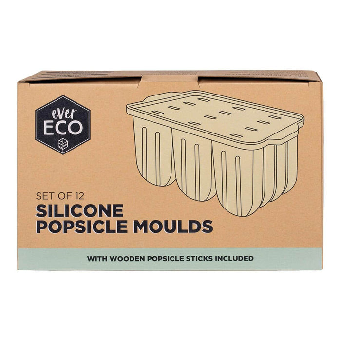 Box of silicone popsicle moulds with wooden sticks included, featuring Ever Eco branding.
